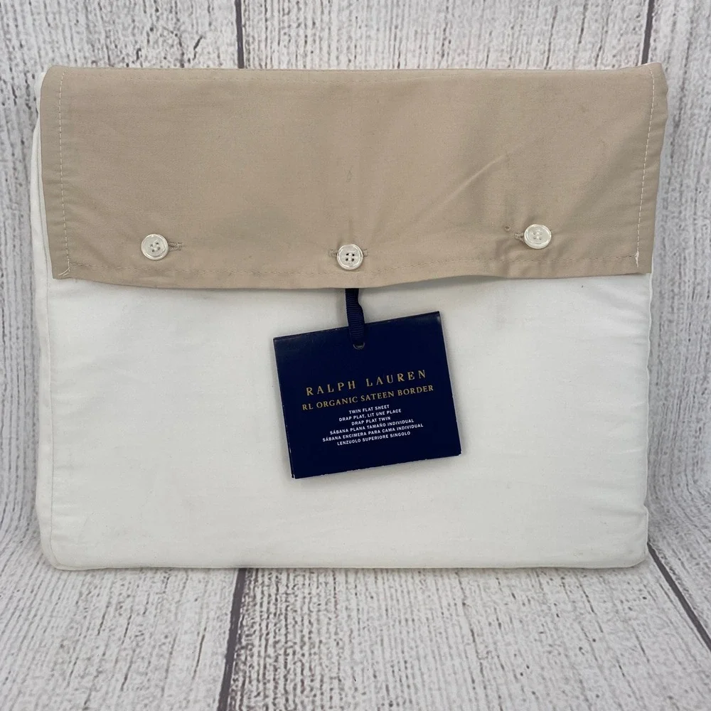 Ralph Lauren Flat Sheet Twin White Tan RL Organic Sateen Border Crisp Luxury